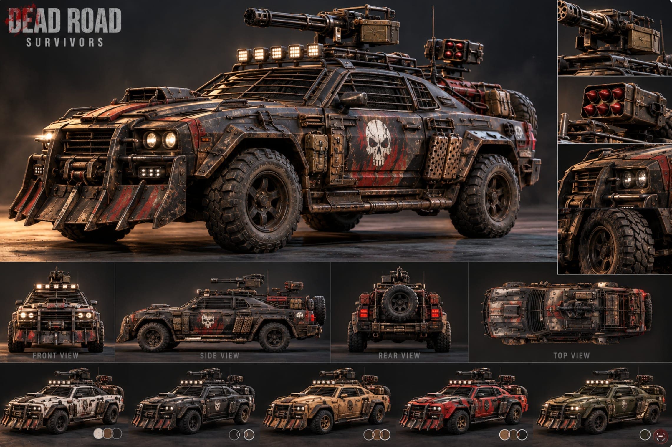 Armored Car model sheet: front, side, rear and top views, close-ups and five paint colours.