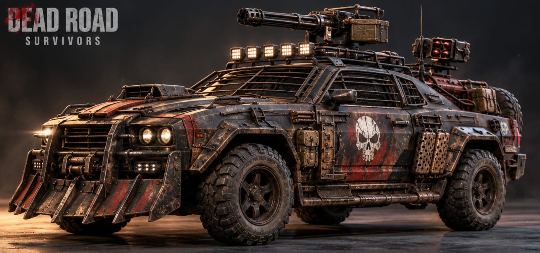 The Armored Car from Dead Road Survivors: a rusted black and red muscle car with a ram plough, caged windows, a roof minigun and a rocket pod.
