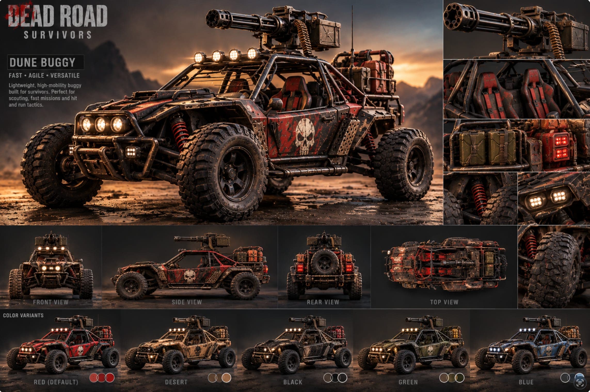 Dune Buggy model sheet: front, side, rear and top views, close-ups and five paint colours.